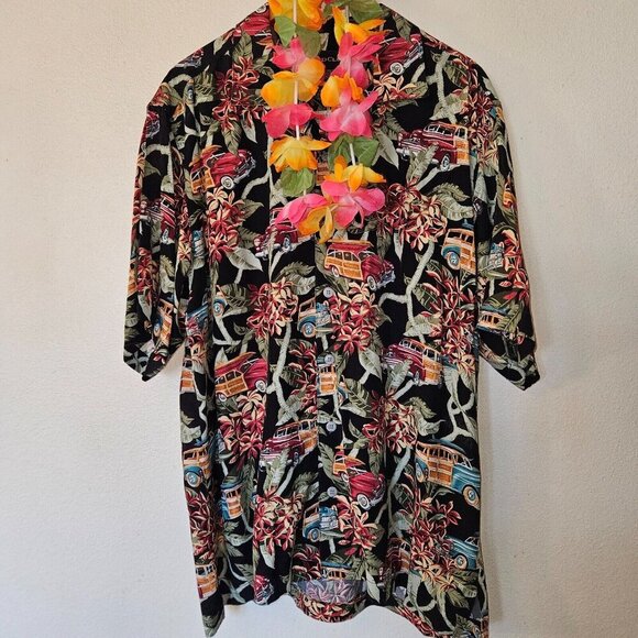 Izod Club Black Hawaiian Shirt L Aloha Car Print Retro 50s Style - Picture 3 of 8